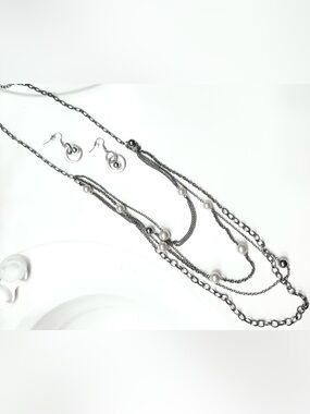 Layered Silver-Tone Pearl Accent Necklace with Matching Earrings